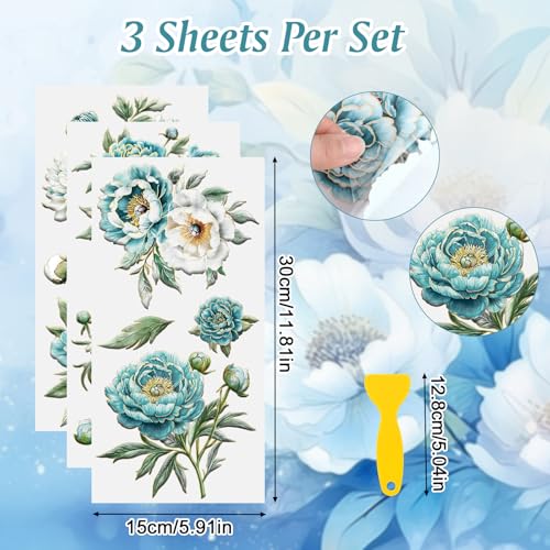 Rub on Transfers for Crafts, 3 Sheets Vintage Gold Rimmed Flower Rub on Decals Waterproof Peony Rub on Transfer Stickers for DIY Wood Furniture Decoration - color: Blue Peony