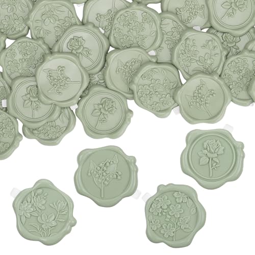 60 Pcs Wax Seal Stickers, Sage Green, 4 Flower Styles - color: 4 Flower Styles- Sage Green