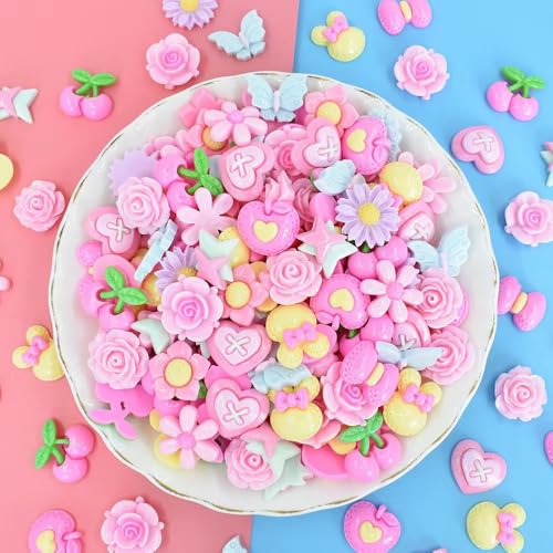 100Pcs Shimmery Pink Solid Resin Charms for Slime - Flatback DIY Cream Glue Accessories, Kawaii Embellishments for Phone Case Decor, Scrapbooking, Jewelry Making, Hair Clips - Random Mixed Styles - color: Pink