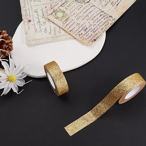 GORGECRAFT 3 Rolls 16.4 Yard x 0.6 Inch Glitter Adhesive Tape Foil Masking Tapes Gold Washi Paper Stick for DIY Scrapbook Decorative Adhesive Tapes Craft and Gifts - color: Gold