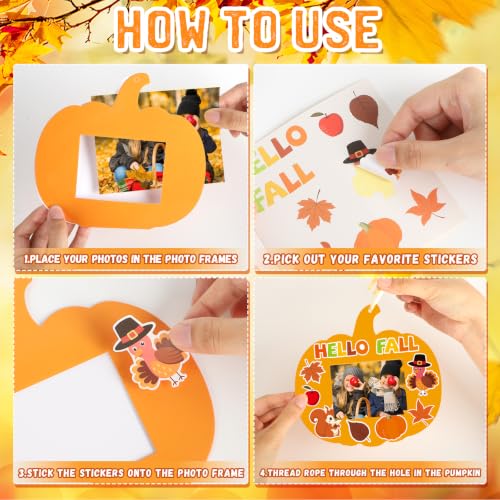 24 Sets Fall Crafts for Kids Thanksgiving DIY Picture Frames Autumn Paper Pumpkin Photo Frame Ornaments for Fall Festival Games Activities Craft Harvest Art Gifts Party Favors Classroom Decorations