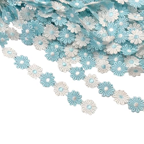 15 Yards Daisy Flower Lace Trim Embroidered Floral Lace Sewing Trim Ribbons for Embellishment Craft Dress Hair Accessories Decorations (White+Blue, 1" x 15 Yards) - color: White+Blue