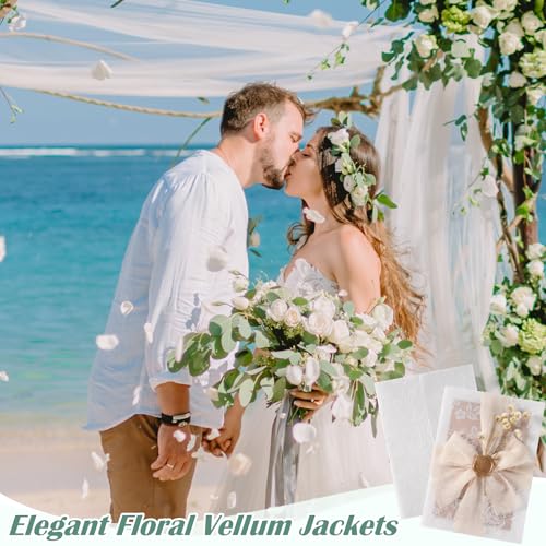50 Pack Floral Vellum Jackets for 5x7 Invitations, Pre-Folded 115 GSM Translucent Vellum Wraps, Flower Wedding Invitation Sleeves for Bridal Shower Baby Shower Birthday