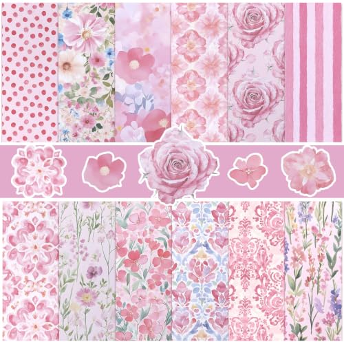 Konsait 36 Sheets Flower Scrapbook Paper 6x6, Single Sided Watercolor Rose Patterned Paper Pink Floral Decorative Cardstock Pad Origami Papers for Card Making Romantic Scrapbook Supplies
