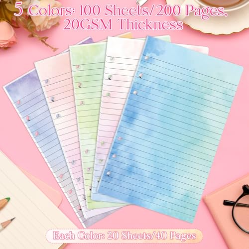100 Sheets Gradient A5 Refill Papers for Planner Binder Insert, 120GSM Thick Loose Leaf Lined Paper, 6 Hole Notebook Filler for A5 6 Ring Travel Journal Diary Budget Binder, Watercolor - color: Lined & Gradient