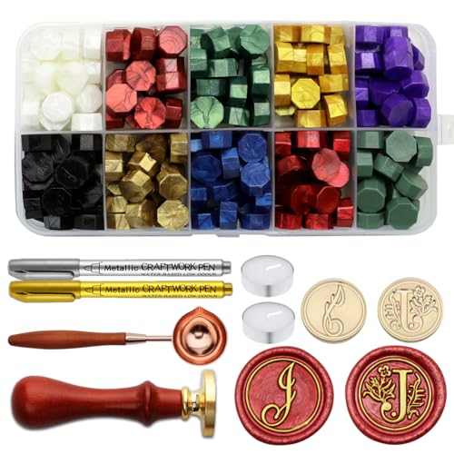 Letter Wax Seal Stamp Kit, Andotopee Wax Seal Kit Initial Alphabet J Sealing Wax Stamp Head 2pcs, Vintage Monogram Wax Stamp Seal Kit with 200pcs Assorted Wax Seal Beads, Wax Seal Spoon, Wax Seal Pen - style: Letter J Wax Seal Stamp Kit