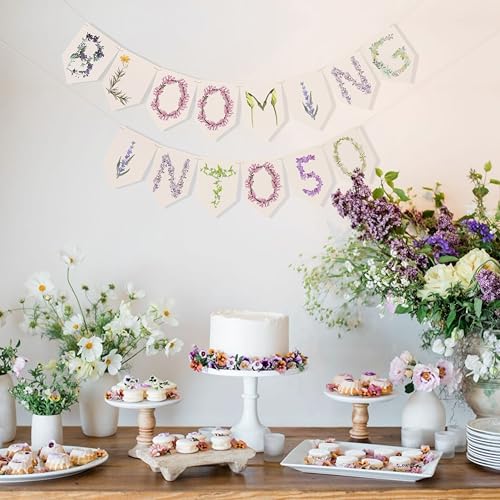 Blooming Into 50 Banner - 50th Wedding Anniversary Decoration, Floral Banner Party Decoration, Happy Fifty Birthday Theme Wreath, Milestone Birthday Party Supplies (Blooming Into 50) - color: Blooming Into 50