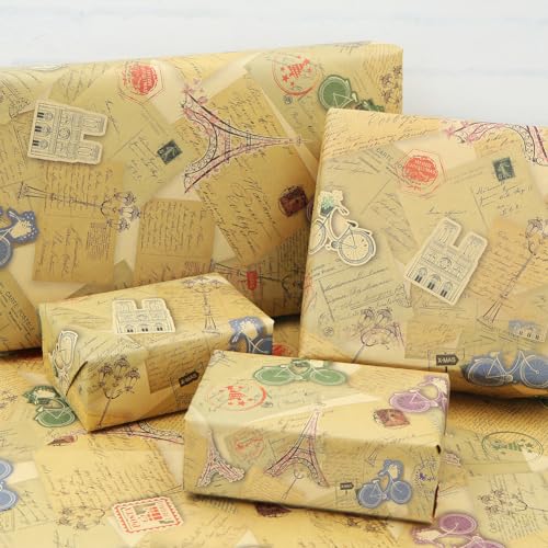 Geluode Vintage Wrapping Paper, Eiffel Tower Church Postcard Bike Romantic Balloon, 6 Sheets Gift Wrap Paper, Flower Gift Wrap for Wedding, Birthday, Bridal Showers, Valentine's Day, Mother's Day