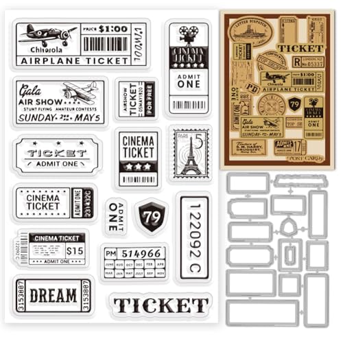 INFUNLY 2 Set Vintage Tickets Clear Stamps and Dies Airplane Receipts Stamp and Die Cuts Retro Stamps Labels Silicone Stamp Borders Embossing Template for Card Making DIY Scrapbooking Album Decor - style: Tickets