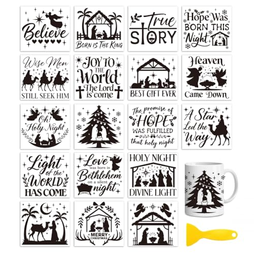 Peacoblue Nativity Rub On Transfers for Craft, Transfer Sticker | 18 Sheets UV DTF Transfers, Waterproof Rub On Decals for Wood, Glass, Furniture, Tumblers & Home Decor Crafts - style: Nativity