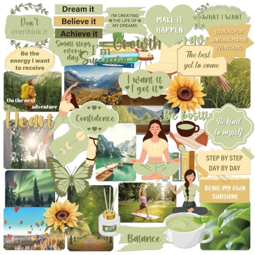 Green Vision Board Stickers - 50 Pcs Travel Planner Waterproof Supplies Kit for Adults Women Girls Forest Tree Inspirational Aesthetic Mental Health Decals for Kindle Book Scrapbooking Journal - color: Green