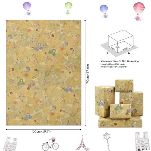 Geluode Vintage Wrapping Paper, Eiffel Tower Church Postcard Bike Romantic Balloon, 6 Sheets Gift Wrap Paper, Flower Gift Wrap for Wedding, Birthday, Bridal Showers, Valentine's Day, Mother's Day