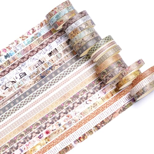 20 Rolls Skinny Vintage Washi Tape Set Retro Arts Adhesive Tapes Basic Patterns Decorative Masking Tape Sets for Craft, Kids, Scrapbook, DIY, Gift Wrapping (Ephemeral Blossoms) - color: Ephemeral Blossoms
