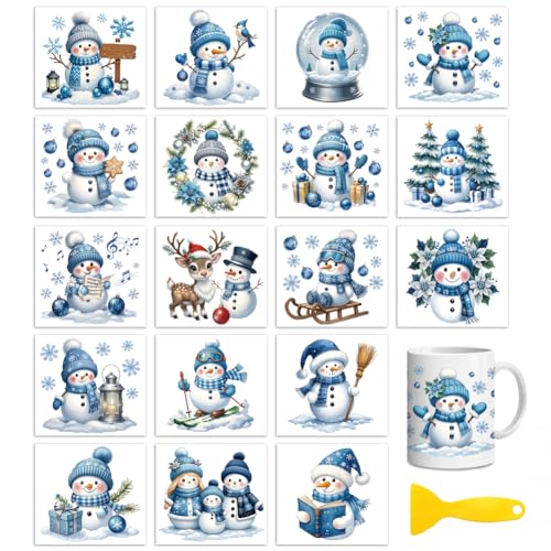 Peacoblue Blue Snowman Rub On Transfers for Craft, Transfer Sticker | 18 Sheets UV DTF Transfers, Waterproof Rub On Decals for Wood, Glass, Furniture, Tumblers & Home Decor Crafts - style: Blue Snowman