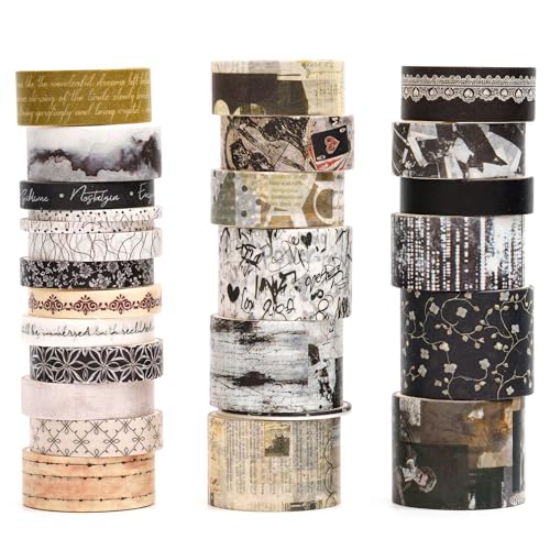 Vintage Washi Tape Set - 24 Rolls Arts Adhesive Tapes Assorted Retro Decorative Masking Tape Sets for Craft, Kids, Scrapbook, DIY, Gift Wrapping (9-Monochrome Mood) - color: 9-Monochrome Mood