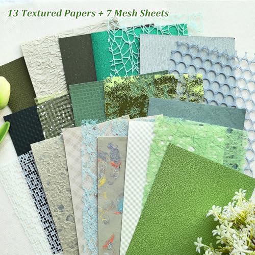 20 Unique A5 Textured Scrapbook Paper & Mesh Fabric Set, Handmade Craft Paper for Scrapbooking, Junk Journal Supplies, Card Making, Decoupage, Collage & Gift Embellishments (Green) - color: Green