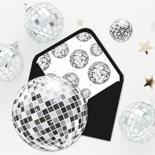 Whaline 24 Pack Disco Greeting Cards Black Silver Disco Ball Blank Note Cards with Envelopes Stickers for Birthday Baby Shower Bachelorette Party Supplies - style: Disco