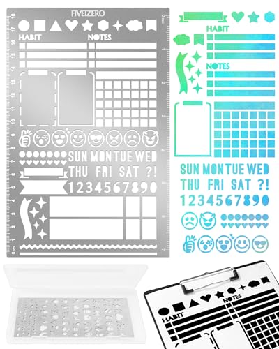 5x7.5 Inch Metal Journal Stencils, Stainless Steel Stencil Bookmark for Bullet Journaling, Reusable Planner Stencils with Faces & Icons for Habit Tracker, Calendar, Diary, Banners, Lists, Scrapbooking - color: Style 2