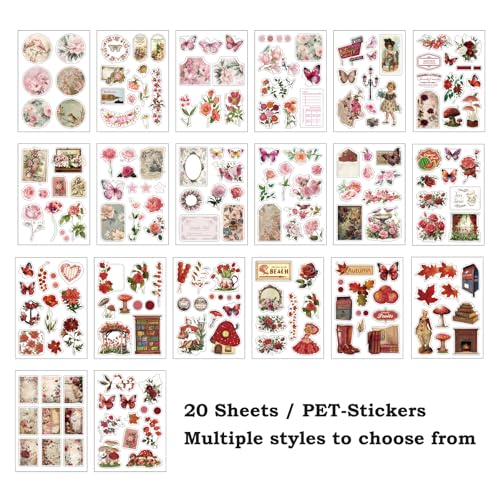 Vintage Scrapbook Stickers, 20 Sheet Vintage Flower Sticker for Scrapbooking, journaling DIY Crafts Laptops，Card Making, Ephemera Pre Cut (Pink Flower Shadow) - style: Pink Flower Shadow