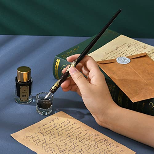 Joyeee Antique Wooden Pen and Ink Set, Sealing Stamp Kit for Artist with Wax Seal Beads, Black ink, Ink Cups, Silver Letter Opener, Wax Melting Spoon and Metal Pen Holder, Christmas Birthday Gift Box - color: #74 silver
