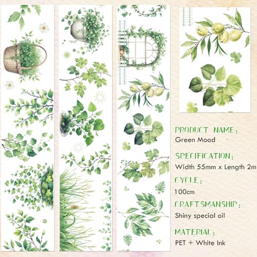 Sitsink PET Tape for Journal Scrapbooking - Green Serenity Greenery Botanical PET Tape Stickers for Crafts Junk Journal Supplies Notebook Scrapbook DIY Decor - style: Green Mood