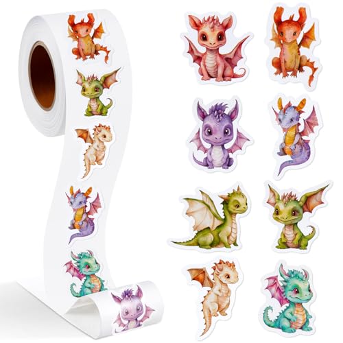Qeeenar 500 Pcs Dragon Animal Stickers Roll, Reward Decals for Kids | 8 Cute Designs, Suitable for Teacher Rewards, Classroom Party Favor, Scrapbooking Decoration, Motivational Incentive Stickers - style: Dragon Animal
