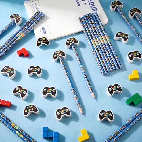 32 Pcs Blue Video Game Pencils with Eraser, Gaming Favors - color: Blue, style: Video Game