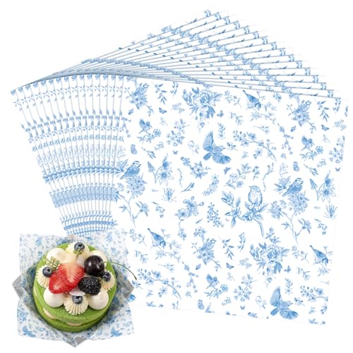Honeydak 200Pcs Printed Wax Paper Sheets 7 x 7 Inch Elegant Parchment Paper - color: Blue, style: Flower