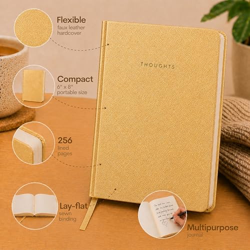 WORLD TRAVELER Eccolo A5 Lined Journal 256 Ivory Pages Lay Flat 6x8 - color: Gold Thoughts