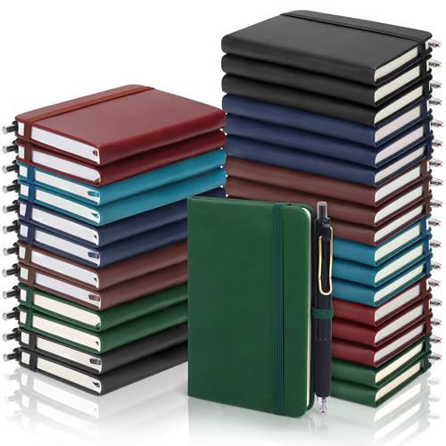 Aodaer 50 Sets Pocket Notebook Journal with Pens, 160 Pages, 3.5 x 5.5 Inch Mini Lined Journal Notebook A6 Leather Hardcover College Ruled Notepad with Pen Holder for School Office, Deep Multicolor - color: Deep Multicolor