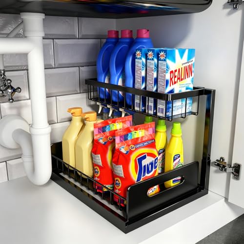 REALINN Under Sink Organizer, L-Shaped Pull Out Cabinet Organizer, Kitchen - color: Black, size: 1 Pack
