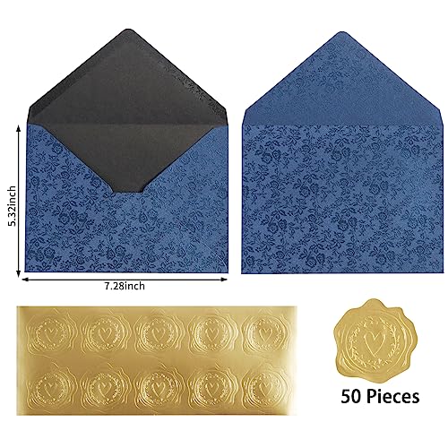 50 Pieces A7 Envelopes 5x7 with Gold Stickers, Rose, Navy Blue | Vines Flower Texture Pattern, V Flap Luxury Mailing for Invitations, Wedding, Graduation, Baby Shower - color: Rose - Navy Blue