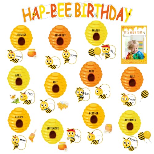 Qyeahkj Bee Birthday Bulletin Board Decorations Set Bees Hives Birthday Classroom Bulletin Board Honeycomb Paper Cutouts Party Supplies for Teacher Students Back to School Classroom Wall Decor - style: Birthday