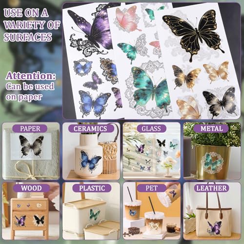 WANDIC 3 Sheets Transfer Stickers for Furniture,3D UV DTF Rub on Transfer Stickers for Craft Butterfly Lace Cup Warp Waterproof Scrapbook Decals Decorative for Cards Glass Wood DIY Crafts,15 * 30cm - color: Butterfly Lace