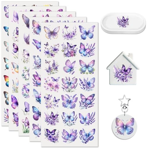 105 PCS Purple Butterfly Flower UV DTF Stickers | Durable no-heat cold Rub on stickers for keychains and party decorations.for DIY crafts and drinkware decoration - style: Purple Butterfly Flower