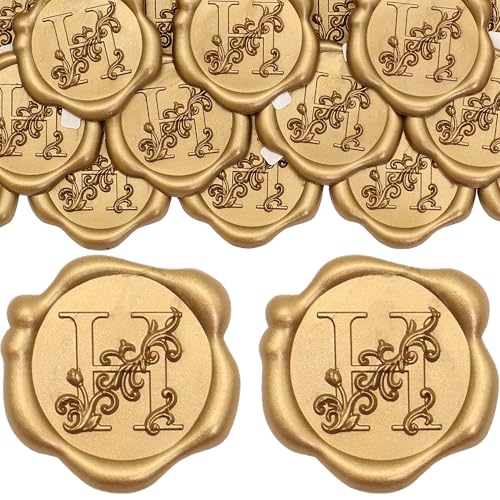 SWANGSA Initial Alphabet Wax Seal Stickers, 50 Pcs Antique Gold 3D Floral Letter H Envelope Seal Stickers Self- Adhesive, Perfect for Wedding Invitation, Christmas, Gift Wrapping - size: 50, style: H