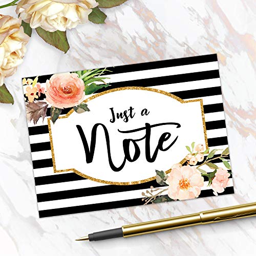 Canopy Street Black Stripe Floral And Faux Glitter Note Cards / 24 Just A Note Cards/All Occasion Greeting Cards / 3 1/2" x 4 7/8" Floral Cards - color: Just A Note