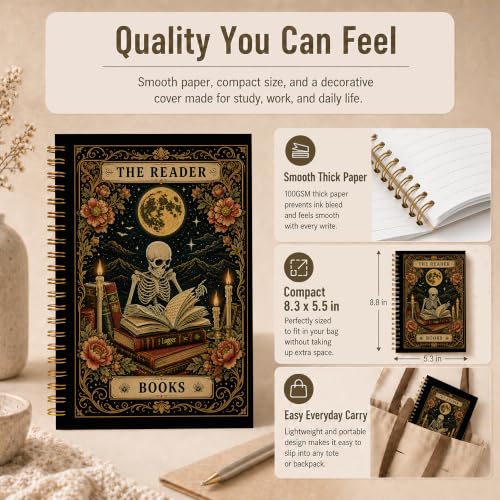 Gothic Skeleton Book Reader Spiral Notebook 5.5x8.3 Inch | Dark Academia Skull Reading Hardcover Lined Notebook Journal,Book Lover Gifts for Women - color: pattern-9
