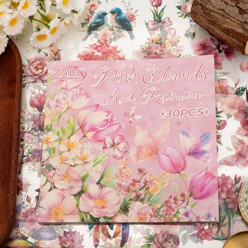 Rose Garden Series Sticker Scrapbooking Supplies for Junk Journal, 30 Sheets PET Stickers - Vintage Journaling Stickers, Ephemera Sticker Book Pre Cut(TZ-005-001) - color: Rosy Pink Clouds