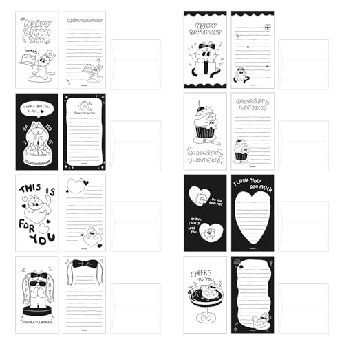 Monolike Littledoodle Series.2 Happy Birthday Mini Letter Set - 8Type, 32 Sheets & 16 Envelopes, Cute Aesthetic Stationery - color: Littledoodle Series.2 Happy Birthday