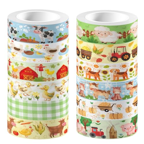 12 Pcs Farm Animals Washi Tape Set - Adorable Animal Patterned Decorative Masking Tape for Scrapbooking, Planner DIY, Craft Projects & Gift Wrapping