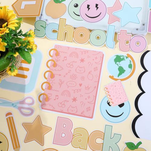 Mooliwe 94 Pcs Welcome Back to School Bulletin Board Set Pastel Smile Face Stationery Paper Cutouts Classroom Decor for Preschool Chalkboard Wall Door Decor First Day of School Teacher Supplies - style: Pastel Smile face