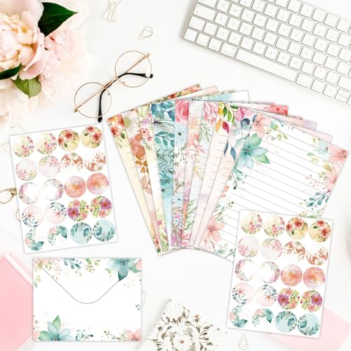 160 Packs Stationery Paper and Envelopes Set 10 Different Designs, 50 One Sided Stationery Writing Papers with 50 Matching Envelopes and 60 Round Dot Sticker, 5.5 x 8.25 Inch (Flower) - style: Flower
