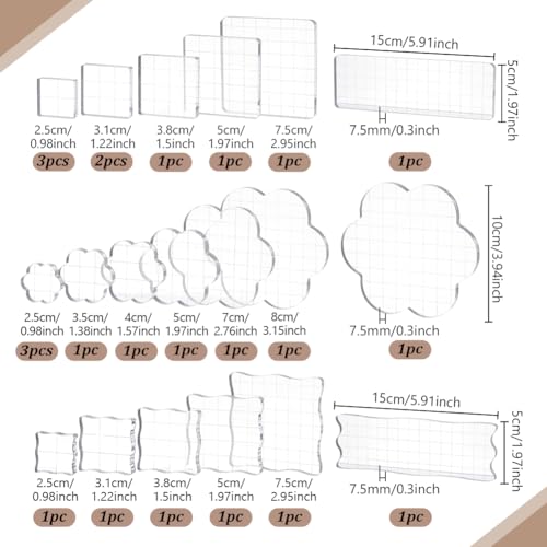 FREEBLOSS 24 Pcs Acrylic Stamp Block 3 Styles Clear Acrylic Stamping Block Tools Set with Grid Square Floral-Circular Irregular Square Blocks for Scrapbooking Crafts Card Making, 5-15cm