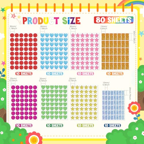 3320 Pcs Shapes Holographic Stickers Multi Color Geometric Stickers Basic Shapes Dot Labels Round Heart Squares Star for Crafts Reward DIY Art Projects Offices(Sparkly)