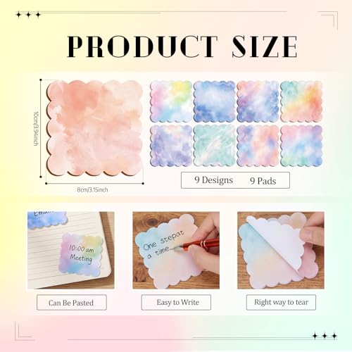 9 Pcs Scalloped Sticky Notes 3x3 Inch,Watercolor | Cute Aesthetic Memo Pads Set, Wavy Edge Self Stick Notes, Journal School Office Supply, Craft Decoupage Stationery - style: Watercolor