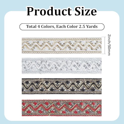 4 Colors 10 Yards 2 Inch Metallic Sequin Jacquard Ribbon Embroidered Trim Tape Boho Sheer Embroidery Woven Fabric Applique Trimming Set for Sewing Making Crafts Dress Clothes DIY Home Decor - color: Mixed Color