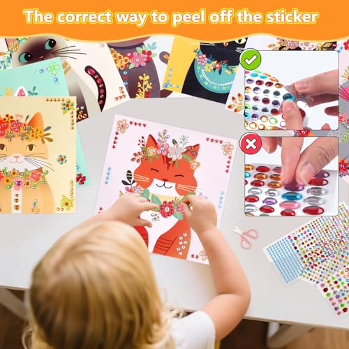 Marlrin Cat Diamond Art Kit for Kids Ages 4-8, Gem Sticker Kit for Girls | 8 Pack DIY Kitten Sticker Art Kit, 1000+ Gem Stickers, Cat-Themed Craft with Display Stand, Birthday Gift for Girls 3-8 - color: Yellow-Cat