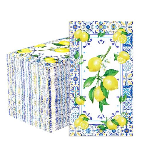 100Pcs Lemons Paper Napkins 3Ply Blue Tile Pattern Italian Bathroom Napkins - style: 100Pcs Lemons Napkins