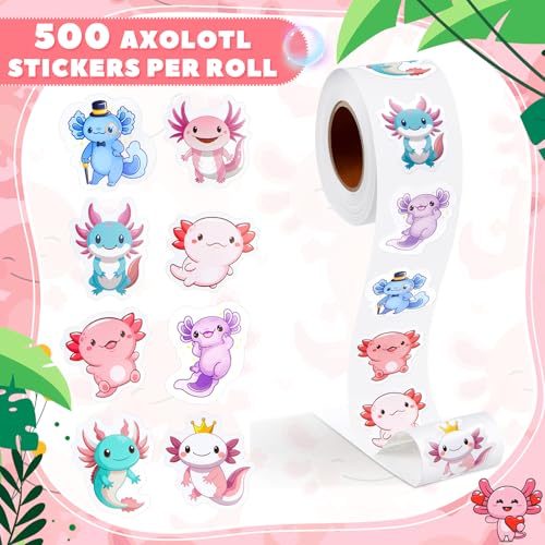 Qeeenar 500 Pcs Axolotl Stickers Roll, Cute Reward Decals for Kids Party - style: Axolotl